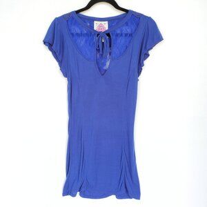 Vintage Free People Lace Flutter Sleeve Ruched Top Blue EUC